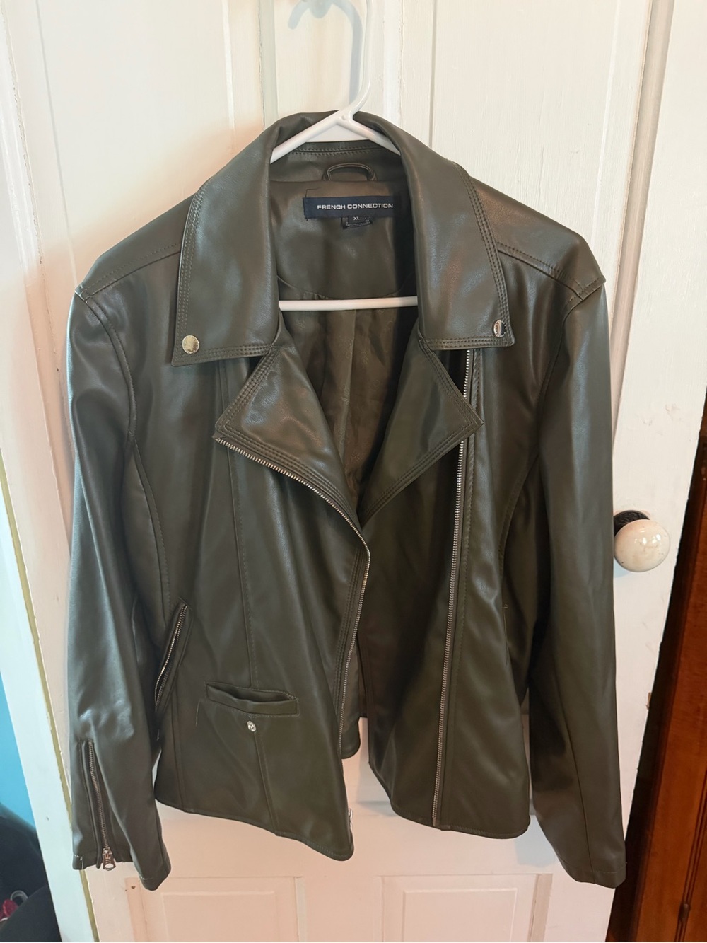 French Connection Olive Green Faux Leather Moto Jacket with Zip Details